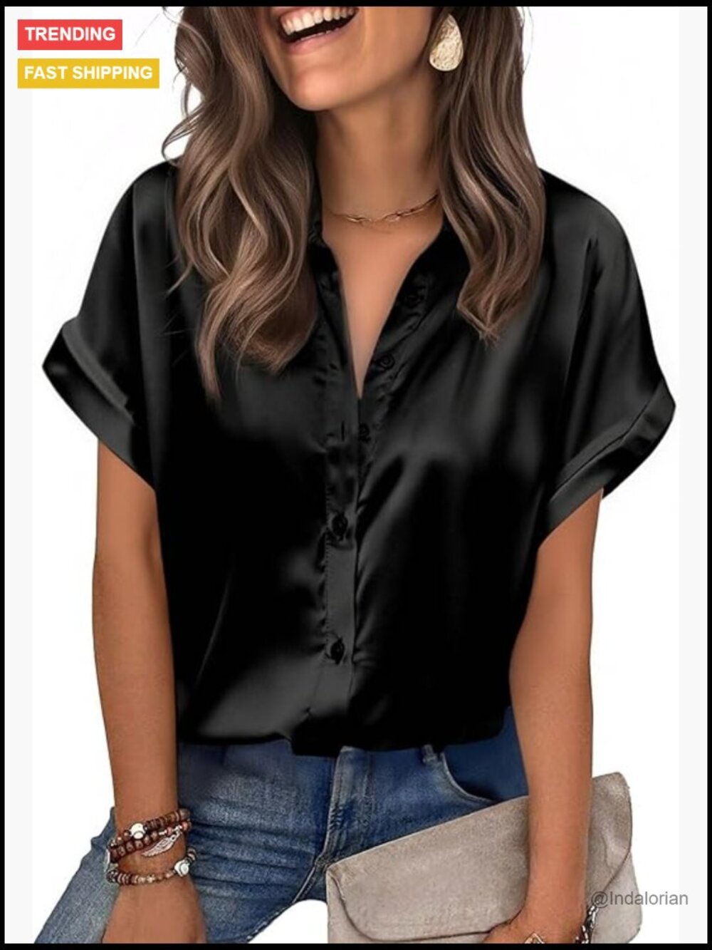 Satin Blouse Short Sleeve Button Down Shirt Business Casual